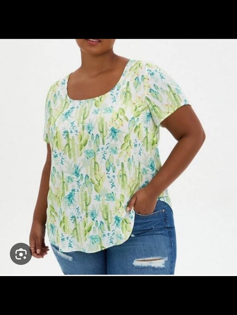 Torrid Sz 2 Scoop Neck Cactus Print Short Sleeve Top - Green & Aqua